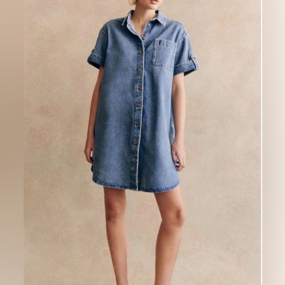 Sezane Denim Button-Front Dress in Blue